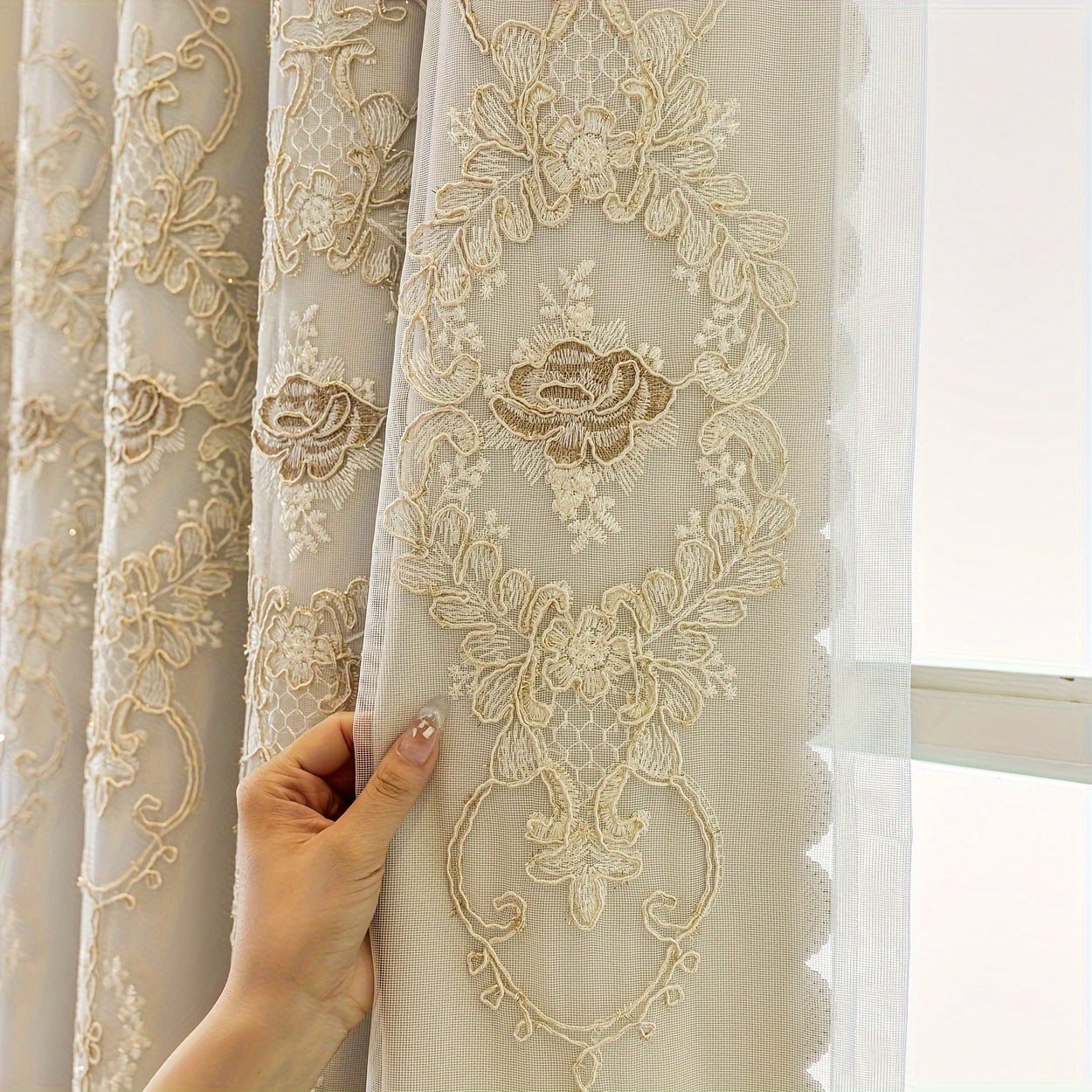 2pcs Double Layered Embroidered Blackout Curtains, Living Room, Bedroom, Dining Room, Kitchen, European Romantic Bay Window Curtains, Embroidered Curtains, Home Decoration