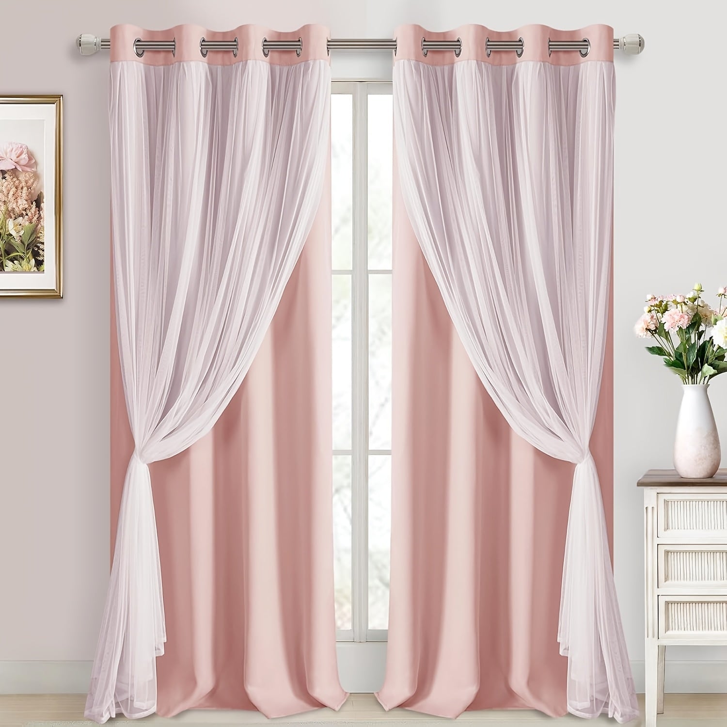 2 Panels Blackout Curtains with Sheer Overlay Thermal Insulated Mix & Match Double Layer Window Panels for Bedroom Living Room Drape Sewn with Tiebacks Grommet Top