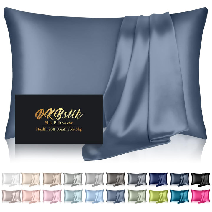 DKBslik Mulberry Silk Pillow Cases Standard Size with Zipper, Ash Blue | Silk Pillowcase for Hair and Skin, Anti Acne Cooling Sleep Both Sides Natural Silk Satin Pillow Covers, Gifts for Women Men