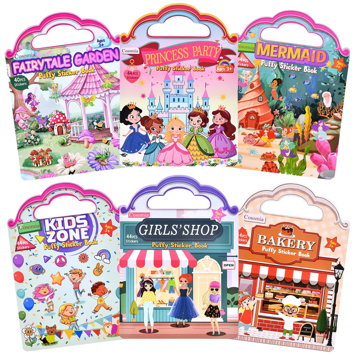 Cosomia 6 Set Puffy Sticker Book, Reusable Sticker Books for Toddlers | 260pcs Fairytale+Garden+Princess Party+Mermaid+Kids Zone+Girls' Shop, Travel Toys Book for Kids Ages 3+