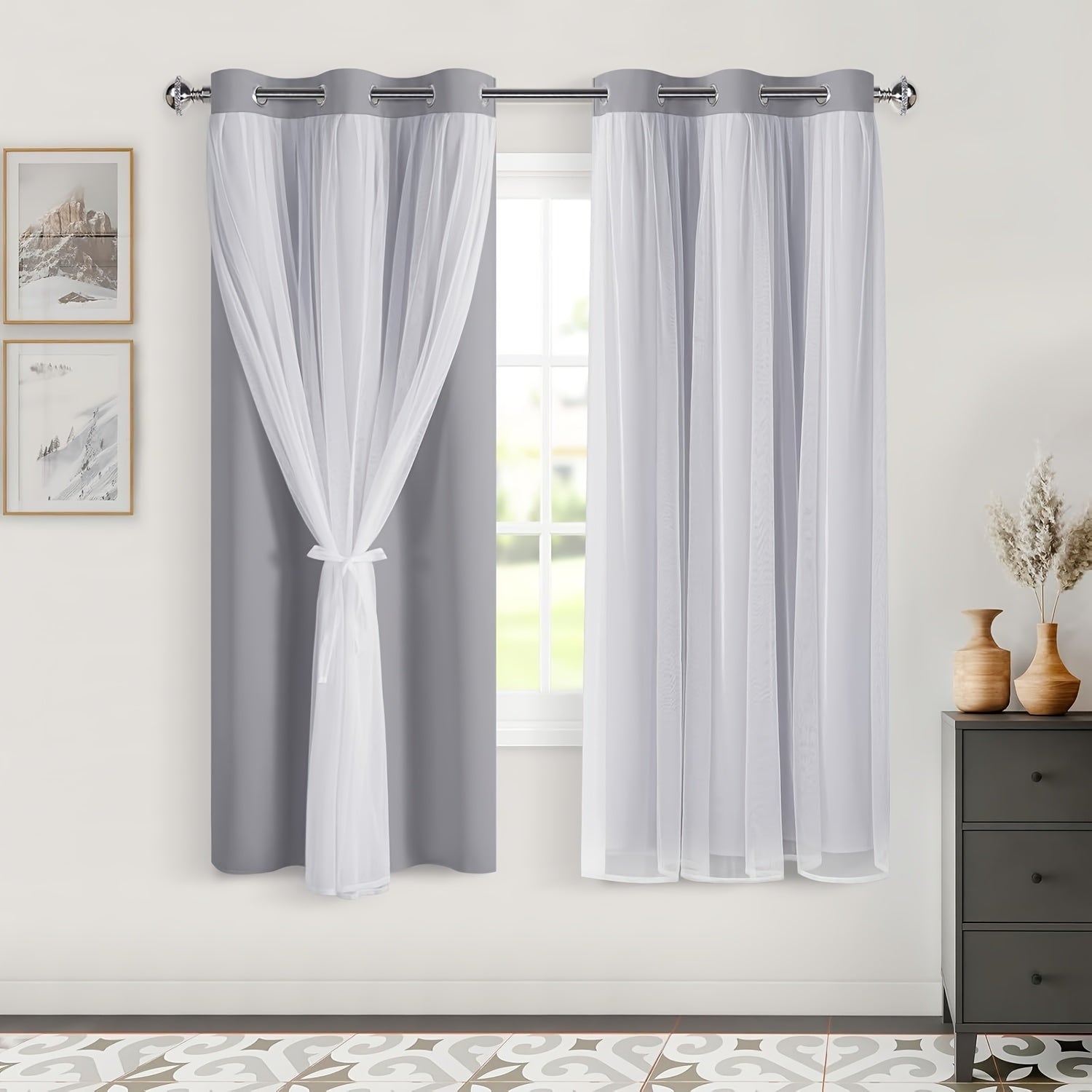 2 Panels Blackout Curtains with Sheer Overlay Thermal Insulated Mix & Match Double Layer Window Panels for Bedroom Living Room Drape Sewn with Tiebacks Grommet Top