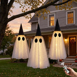 KIWDY Halloween Ghost Decor Outdoor, Halloween Hanging Ghost Decorations | Set of 3, LED Lights & Remote Control, Timer Function, Waterproof, Three Different Sizes, Unique Ghost & Witch Fusion Design