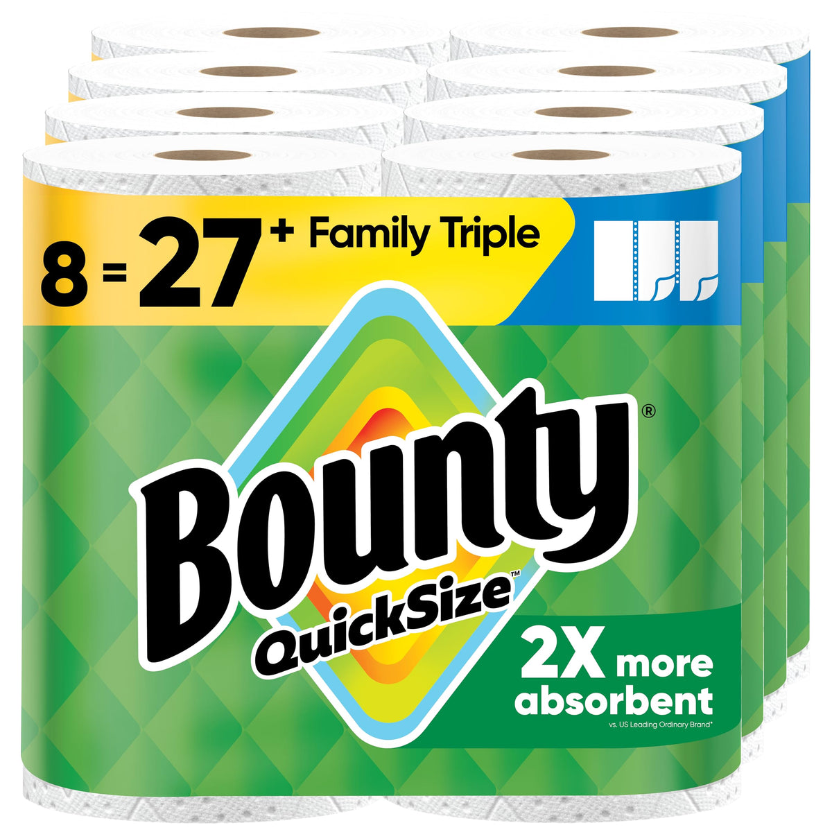 Bounty Quick-Size Paper Towels, White, 8 Family Triple Rolls = 27 Regular Rolls