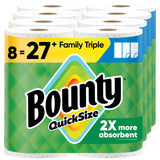 Bounty Quick-Size Paper Towels, White, 8 Family Triple Rolls = 27 Regular Rolls