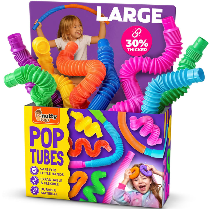 Nutty Toys Pop Tubes - Large 8-Pack Sensory Toys - Creative STEM Learning for Kids - Connect & Pop! Top ADHD Autism Fidget 2026, Best Boy & Girl Christmas Stocking Stuffers Gifts Idea