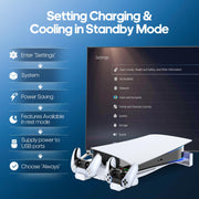 PS5/Slim/Pro Horizontal Stand with Cooling Fan & Charger for Original & Edge Controllers, Scalable Design PS5 Accessories Base with EVA Foams for All PS Five Disc & Digital, PS 5 Sideways Stand White