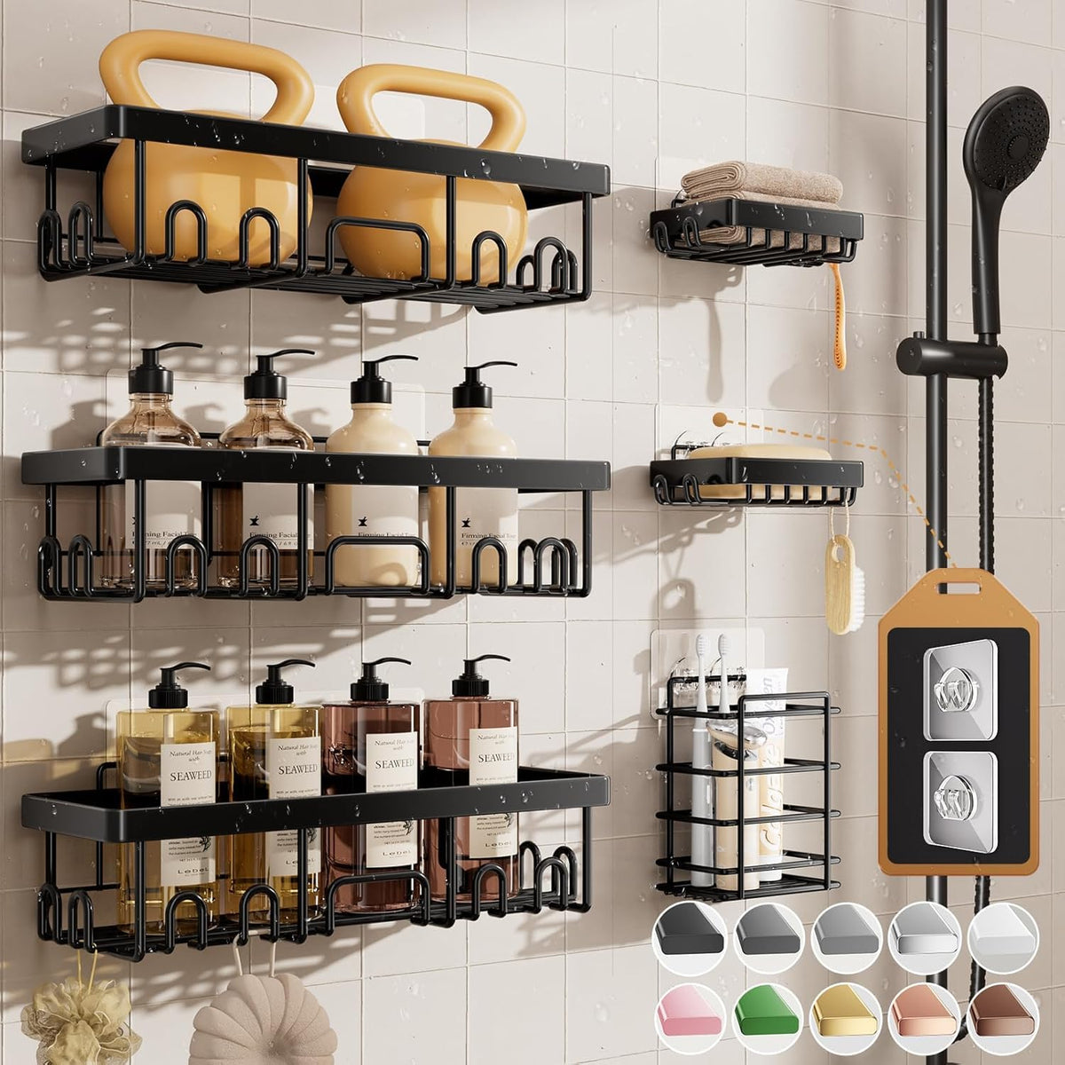 Veken Shower Caddy 6-Pack, Bathroom Organizers and Storage Shelves, Black | Advanced Rustproof Design, Large Capacity, No Drilling, Adhesive Rack with Soap Holder, Wall-Mounted Kitchen & Home Decor