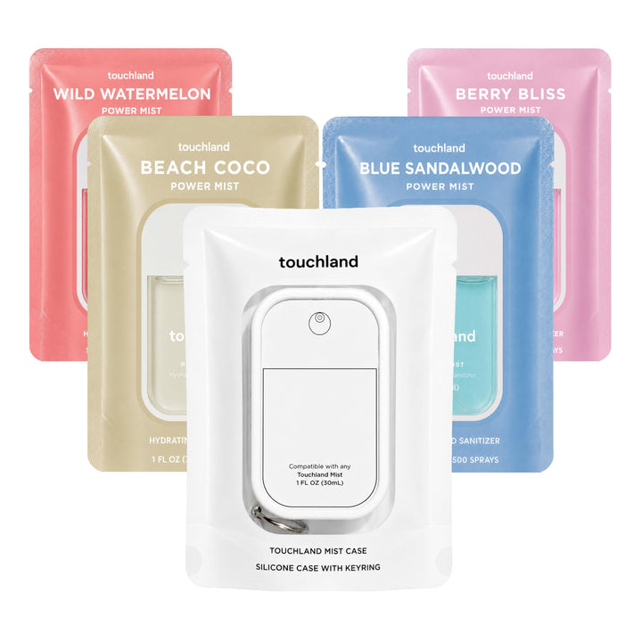 Touchland Dream 5 Hydrating Hand Sanitizer Spray & Case Gift Travel Size | TSA ready Power Mist with skincare benefits. Wild Watermelon, Beach Coco, Berry Bliss, Blue Sandalwood & Icy White Case