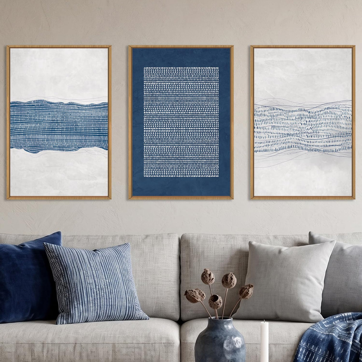 Aryroi Navy Blue and White Abstract Framed Canvas Wall Art Set- 16"x24"x3 | Mid Century Modern Geometric Wave Line Dot Wall Decor,Boho Neutral Minimalist Gray Artwork for Living Room,Bedroom,Office