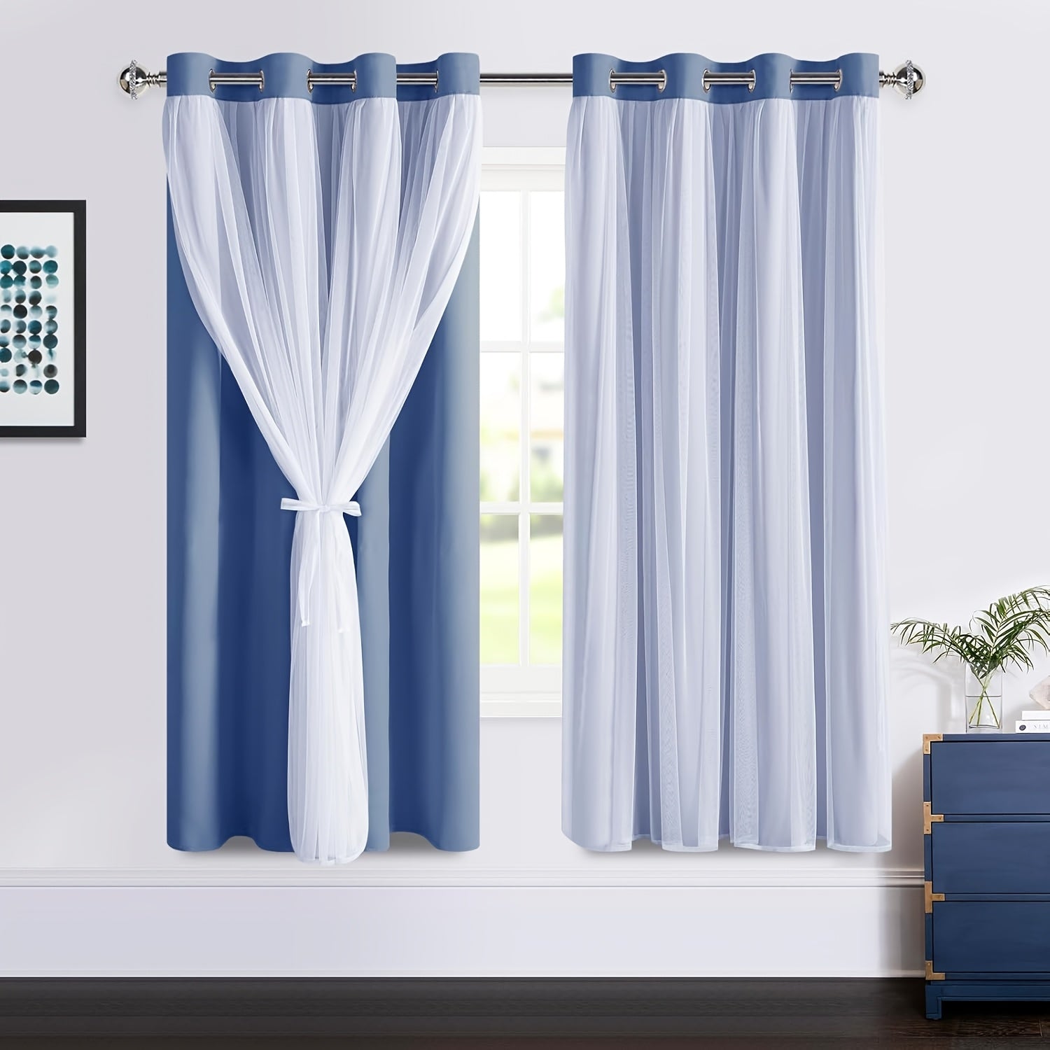 2 Panels Blackout Curtains with Sheer Overlay Thermal Insulated Mix & Match Double Layer Window Panels for Bedroom Living Room Drape Sewn with Tiebacks Grommet Top