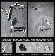 Rain Shower Head with Handheld Showerhead, Chrome 1.8GPM 460311 | 12" High Pressure Rainfall Shower Heads, 9 Sprays Handheld Showerheads, Magnetic Docking, Power Jets, 59" Shower Hose