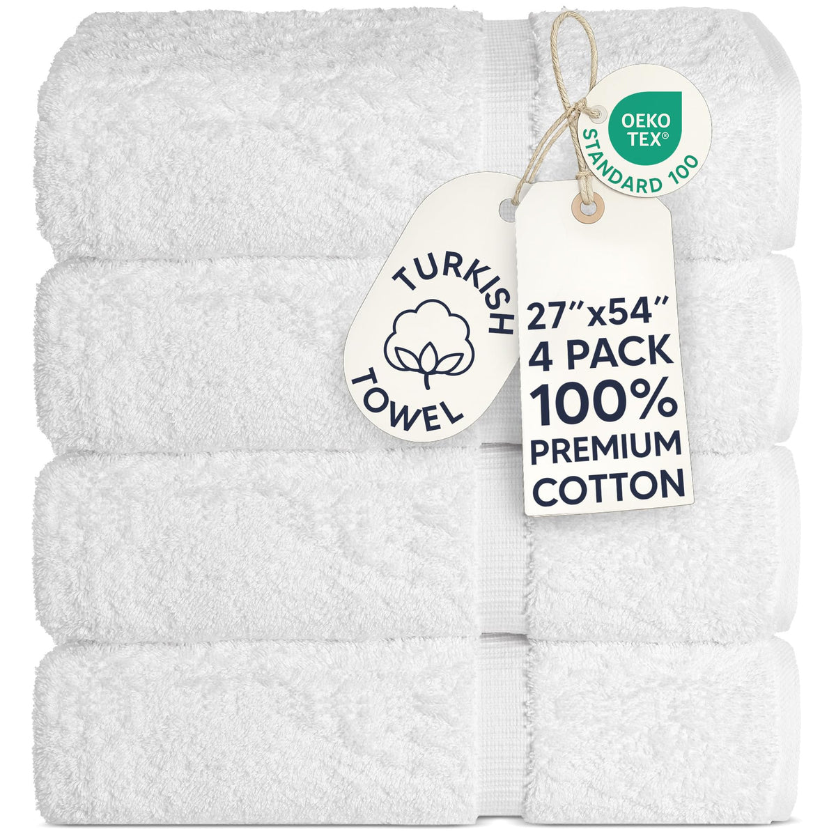 Chakir Turkish Linens 100% Cotton 4-Pack Bath Towels 27x54, White | Premium Cotton Turkish Bath Towels, Set Of 4 At 27x54, Oeko-Tex Certified, Soft Plush And Absorbent
