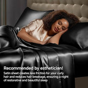 BEDELITE Satin Sheets Queen Size Bed Set, Black, 4 Pieces | Luxury Silky Bed Sheets, 15 Inch Deep Pocket, Similar to Silk, Soft and Cooling, Reduces Friction, Gentle on Hair and Skin