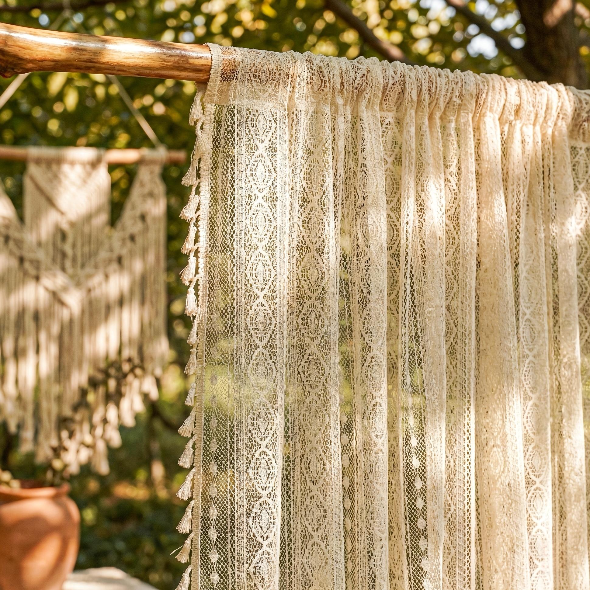 Two Pieces of Lightweight Sheer Curtains in a Bohemian Style, Featuring a Unique Lace Design in Coordinating Colors. This Trendy Bohemian Aesthetic Is Breathable And Airy, Perfect for Spring And Summer, And Ideal for Home Gardens, Gazebos