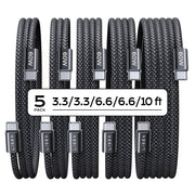 LISEN USB C to USB C Cable 60W for iPhone 18 Pro Duo Charging Cable, 5-Pack | for iPhone 18 Fast Charger/17/16/15 Galaxy S26/S25/S24, 3.3/3.3/6.6/6.6/10FT Gift for Car, Home, Office, Bed and Travel Cord