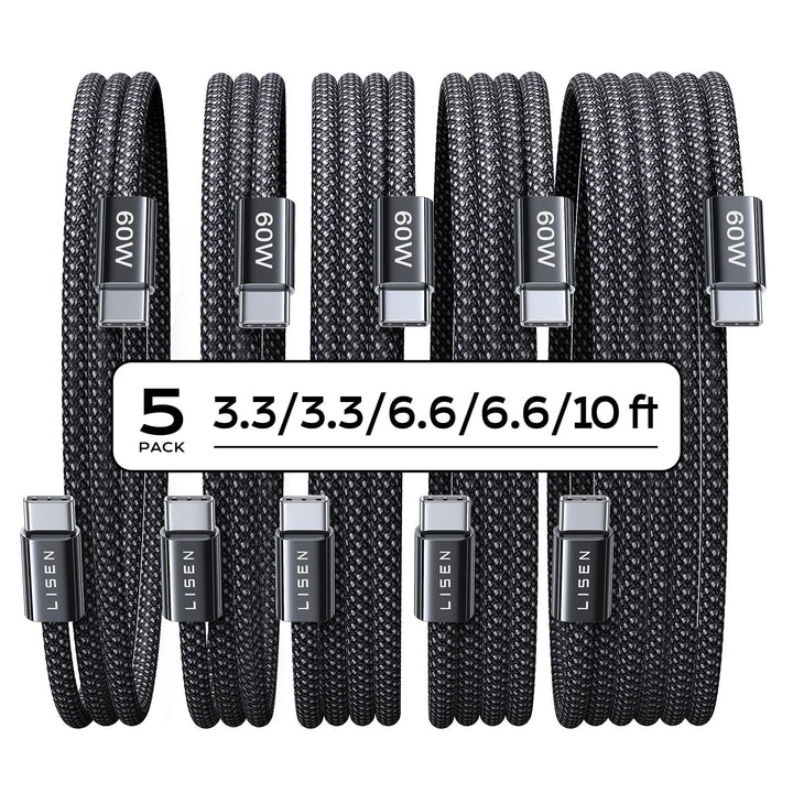 LISEN USB C to USB C Cable 60W for iPhone 18 Pro Duo Charging Cable, 5-Pack | for iPhone 18 Fast Charger/17/16/15 Galaxy S26/S25/S24, 3.3/3.3/6.6/6.6/10FT Gift for Car, Home, Office, Bed and Travel Cord