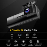 4K Dash Cam Front and Rear Inside,3.16" IPS,3 Channel Dash Cam for Car with 5G WiFi,Free 64GB Card,170° Wide Angle,Loop Recording,G-Sensor,WDR,Night Vision,Time-Lapse,24H Parking Monitor