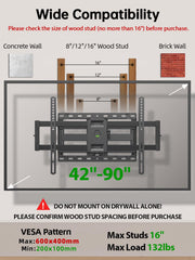 USX Mount Full Motion TV Wall Mount for 42-90 inch TV Holds up to 132lbs | TV Mount Bracket Dual Swivel Articulating Tilt 6 Arms, Max 16" Wood Studs, VESA 600x400mm, Fits 55/65/75/85/86"