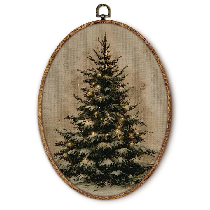 Yorhifa Vintage Christmas Tree Framed Wall Art, Winter Rustic Pine Tree Oval Wall Art, Antique Winter Xmas Oval Walls Decor, Farmhouse Christmas Holiday Canvas Artwork Hanging Decor, 8.5x11.5in