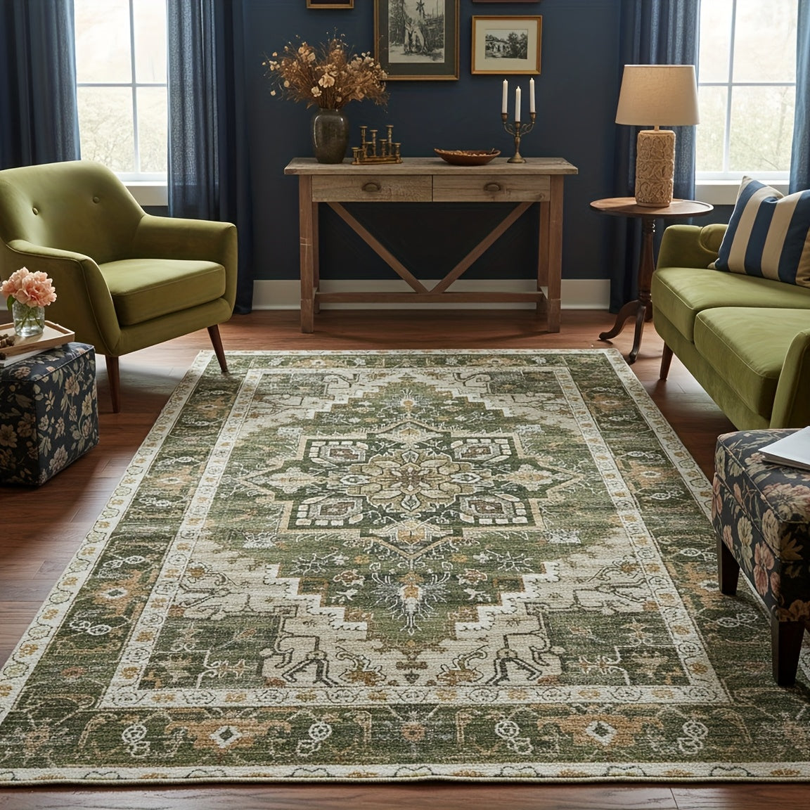 1pc of an Oriental Green Area Rug Featuring a Central Floral Design, Machine Washable, Non-Slip, Colorfast, Shedding-Free, Soft And Attractive, Low Pile, Ideal for Bedrooms, Living Rooms, Dining Areas, Home Decoration, And Various Rooms