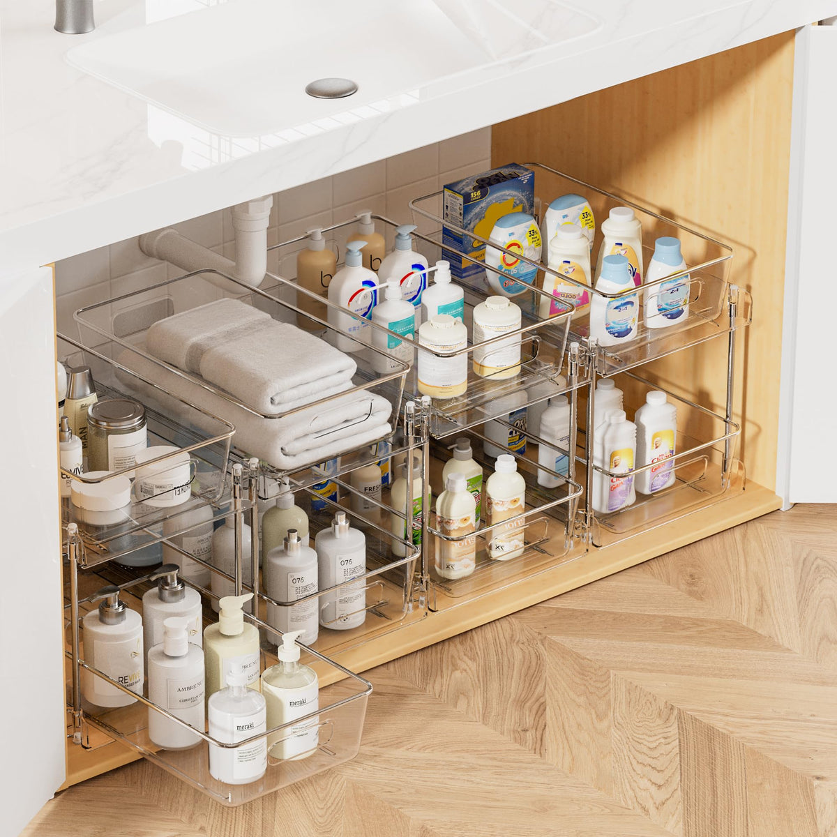 Vtopmart 4 Pack Pull Out Bathroom Under Sink Organizer (S-Standard) | Slide-out drawers, Multi-purpose storage, Clear visibility, Easy Set-up