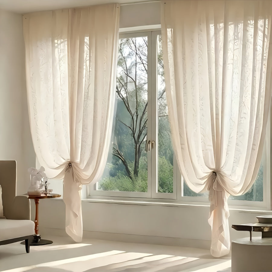 4-Panel French-Style Lace Sheers - Semi-Sheer Window Curtains with Moon Branch & Pattern, Beige Filtering Panels Suitable for, Bedroom, Balcony - Machine Washable (No Hardware\u002FRod Not Included)