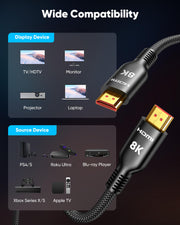 Highwings Long HDMI Cable 20 FT, 10K 8K Ultra HD High Speed 2.1 HDMI 48Gbps | Braided HDMI Cord-4K@120Hz 8K@60Hz, DTS:X, HDCP 2.2&2.3,eARC, HDR 10 Compatible with DVD Player/PS5/HDTV/Blu-ray