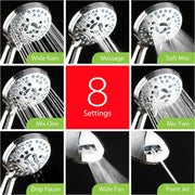 AquaCare 8-mode High Pressure Handheld Shower Head with 2-mode Power Wash | Stay Clean Nozzles, Dual Power Wash for Tub, Tile & Pets, Long 6 ft. Stainless Steel Hose, Wall & Overhead Brackets / Chrome