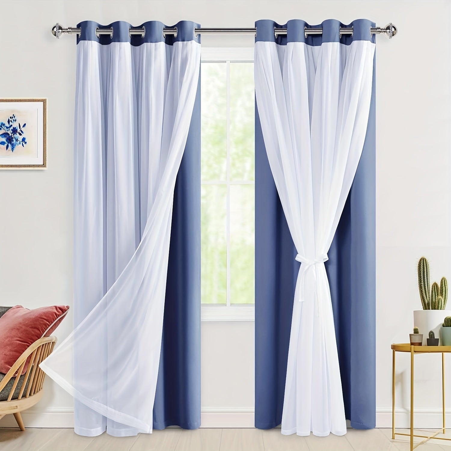 2 Panels Blackout Curtains with Sheer Overlay Thermal Insulated Mix & Match Double Layer Window Panels for Bedroom Living Room Drape Sewn with Tiebacks Grommet Top