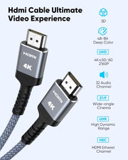 Highwings Long HDMI Cable 25FT 4K HDR High Speed HDMI 2.0 Cables | 18Gbps 2.0 Braided HDMI Cord, 4K HDR, HDR10, HDCP 2.2, ARC, Compatible with Roku TV/HDTV/PS5/Blu-ray