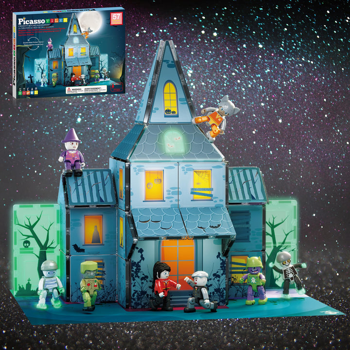 PicassoTiles 57 PCS Magnetic Tiles Halloween Haunted House STEM Set Ages 3+ | 8 action figures with rotating limbs, double-sided tile prints, doors and windows, creative storytelling playset, BPA-free