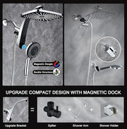 Rain Shower Head with Handheld Showerhead, Chrome 1.8GPM 460311 | 12" High Pressure Rainfall Shower Heads, 9 Sprays Handheld Showerheads, Magnetic Docking, Power Jets, 59" Shower Hose