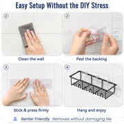 5 Pack Adhesive Bathroom Holders & Dispensers for Kids & Adults, Black | Large Capacity No-Drilling Rustproof Shower Caddy Shelves Rack with Soap Dishes, Toothbrush Holder & Hooks