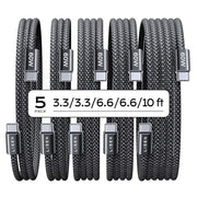 LISEN USB C to USB C Cable 60W for iPhone 18 Pro Duo Charging Cable, 5-Pack | for iPhone 18 Fast Charger/17/16/15 Galaxy S26/S25/S24, 3.3/3.3/6.6/6.6/10FT Gift for Car, Home, Office, Bed and Travel Cord
