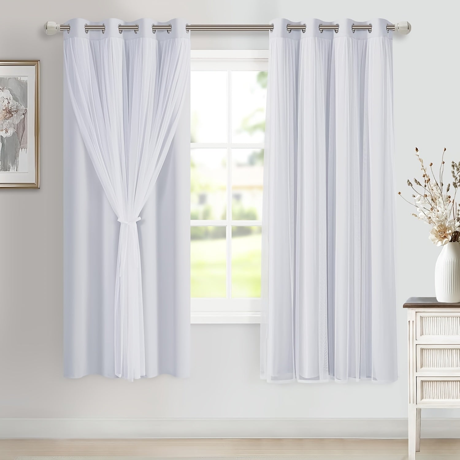 2 Panels Blackout Curtains with Sheer Overlay Thermal Insulated Mix & Match Double Layer Window Panels for Bedroom Living Room Drape Sewn with Tiebacks Grommet Top