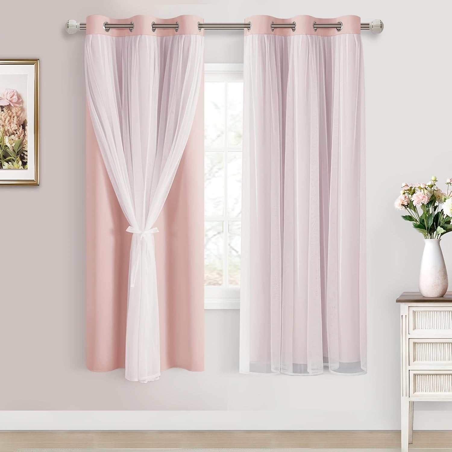 2 Panels Blackout Curtains with Sheer Overlay Thermal Insulated Mix & Match Double Layer Window Panels for Bedroom Living Room Drape Sewn with Tiebacks Grommet Top