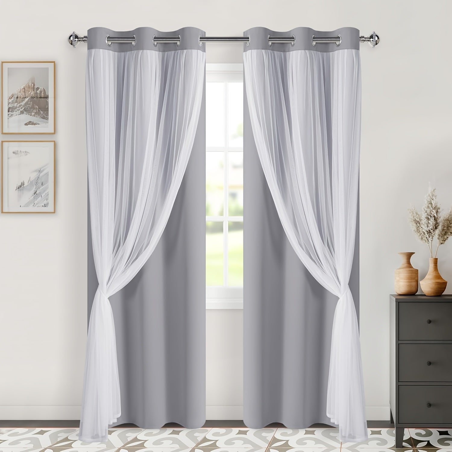 2 Panels Blackout Curtains with Sheer Overlay Thermal Insulated Mix & Match Double Layer Window Panels for Bedroom Living Room Drape Sewn with Tiebacks Grommet Top