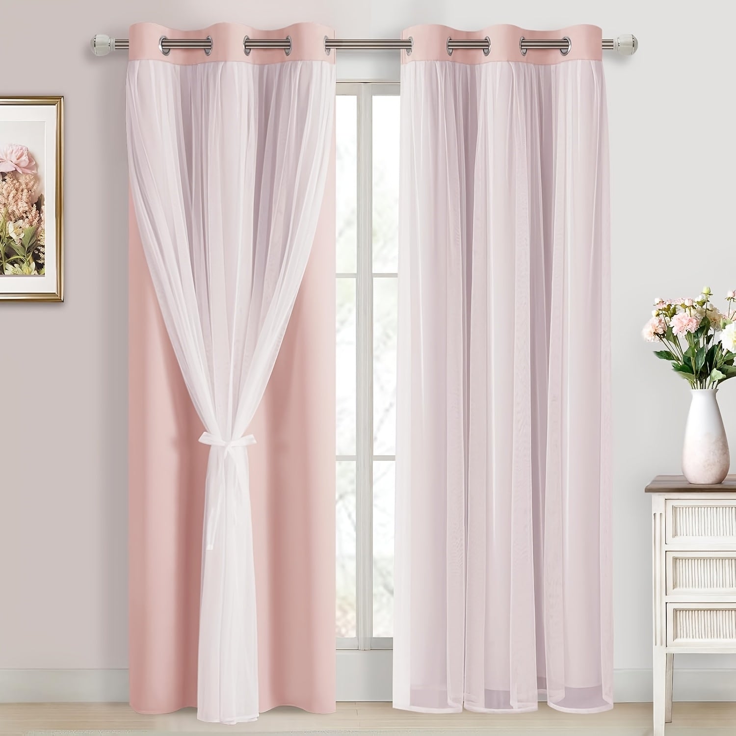 2 Panels Blackout Curtains with Sheer Overlay Thermal Insulated Mix & Match Double Layer Window Panels for Bedroom Living Room Drape Sewn with Tiebacks Grommet Top