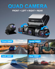 PRUVEEO 360° 4 Channel Dash Cam Front and Rear Inside Left Right, Dash Camera for Cars, Built-in GPS WiFi Night Vision, 24/7 Recording Parking Mode Monitor, 128G Card Included