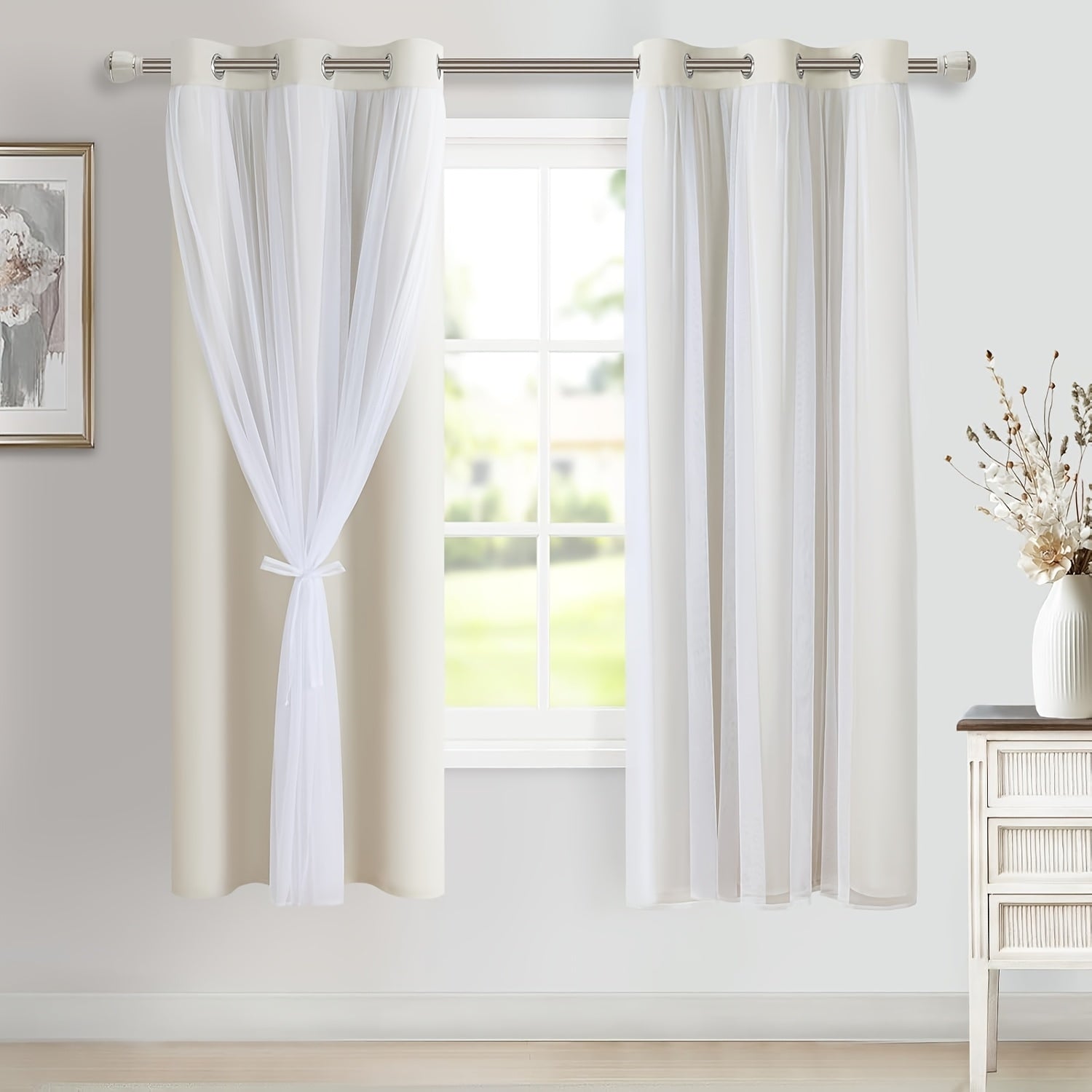 2 Panels Blackout Curtains with Sheer Overlay Thermal Insulated Mix & Match Double Layer Window Panels for Bedroom Living Room Drape Sewn with Tiebacks Grommet Top