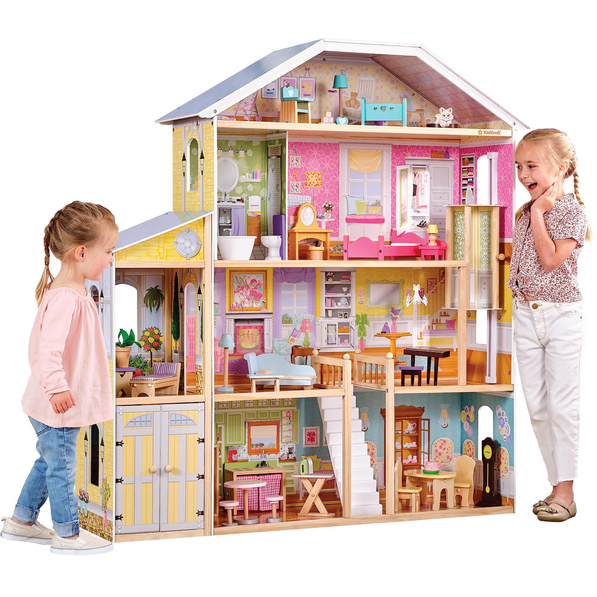 KidKraft Majestic Mansion Wooden Dollhouse with 34 Pieces, Working Elevator | 4 Feet Tall, Garage, 4 Floors, 8 Rooms, Attic Nursery, For Dolls Up to 12 Inches, Gift for Ages 3+
