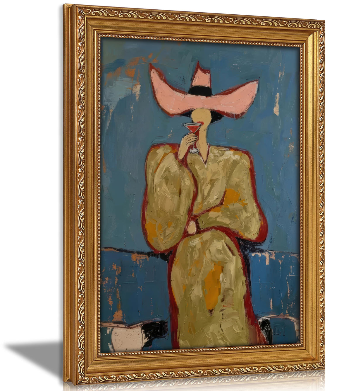 Vintage Gold Framed Bar Wall Art, Modern Western Cowgirl With Martini Canvas Print, Red and Pink Abstract Woman Painting Picture, Cocktail Poster Print Artwork for Kitchen Dining Room Home Bar