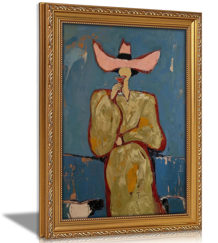 Vintage Gold Framed Bar Wall Art, Modern Western Cowgirl With Martini Canvas Print, Red and Pink Abstract Woman Painting Picture, Cocktail Poster Print Artwork for Kitchen Dining Room Home Bar