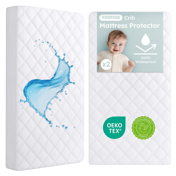 Yoofoss Waterproof Crib Mattress Protector Sheets Fitted 2 Pack 52''x28'' | Quilted Soft and Breathable Crib Mattress Pad Cover, Noiseless Machine Washable for Standard Baby Crib Toddler Bed Mattress
