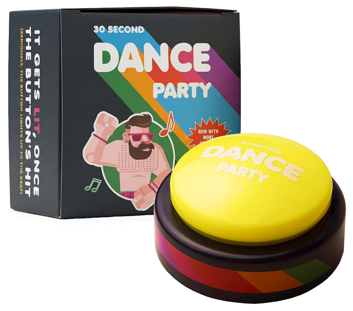 30 Second Dance Party Button - Funny Light & Sound Toy for Kids & Adults | Instant Stress Relief Funny Buttons - 5 Party Songs - Glows to the Beat - Gag Gift for Teachers - Classroom - Office & Family