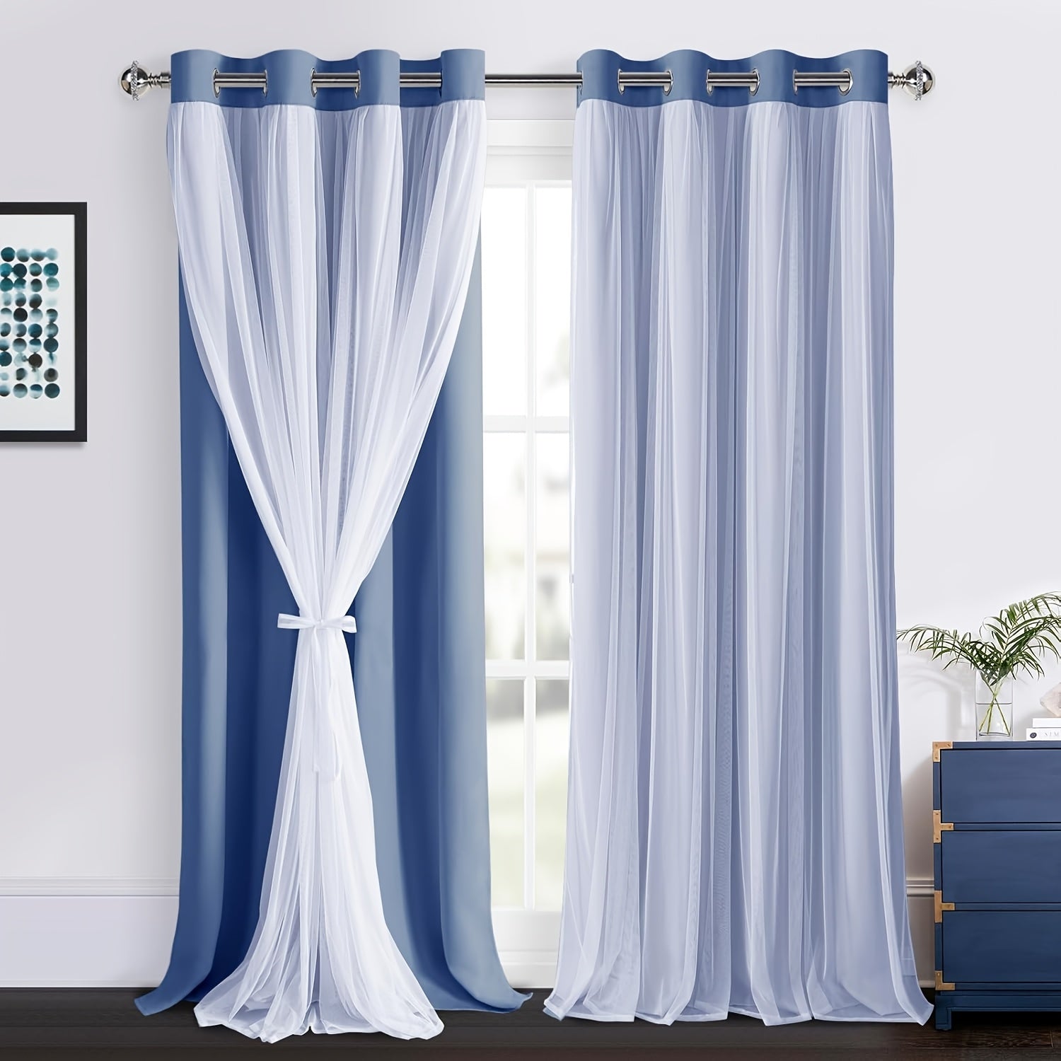 2 Panels Blackout Curtains with Sheer Overlay Thermal Insulated Mix & Match Double Layer Window Panels for Bedroom Living Room Drape Sewn with Tiebacks Grommet Top