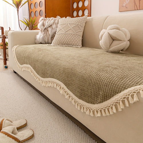 1pc 1pcs Non-Slip Pet-Friendly Sofa Cover Suitable for 1\u002F2\u002F3\u002F4-Seater Couches, Chenille Tassel Furniture Protector with Tassels, Machine Washable Cover Fits Most Sofas for, Fits for \u002Ftwo\u002F\u002Ffour-Seater Sofas