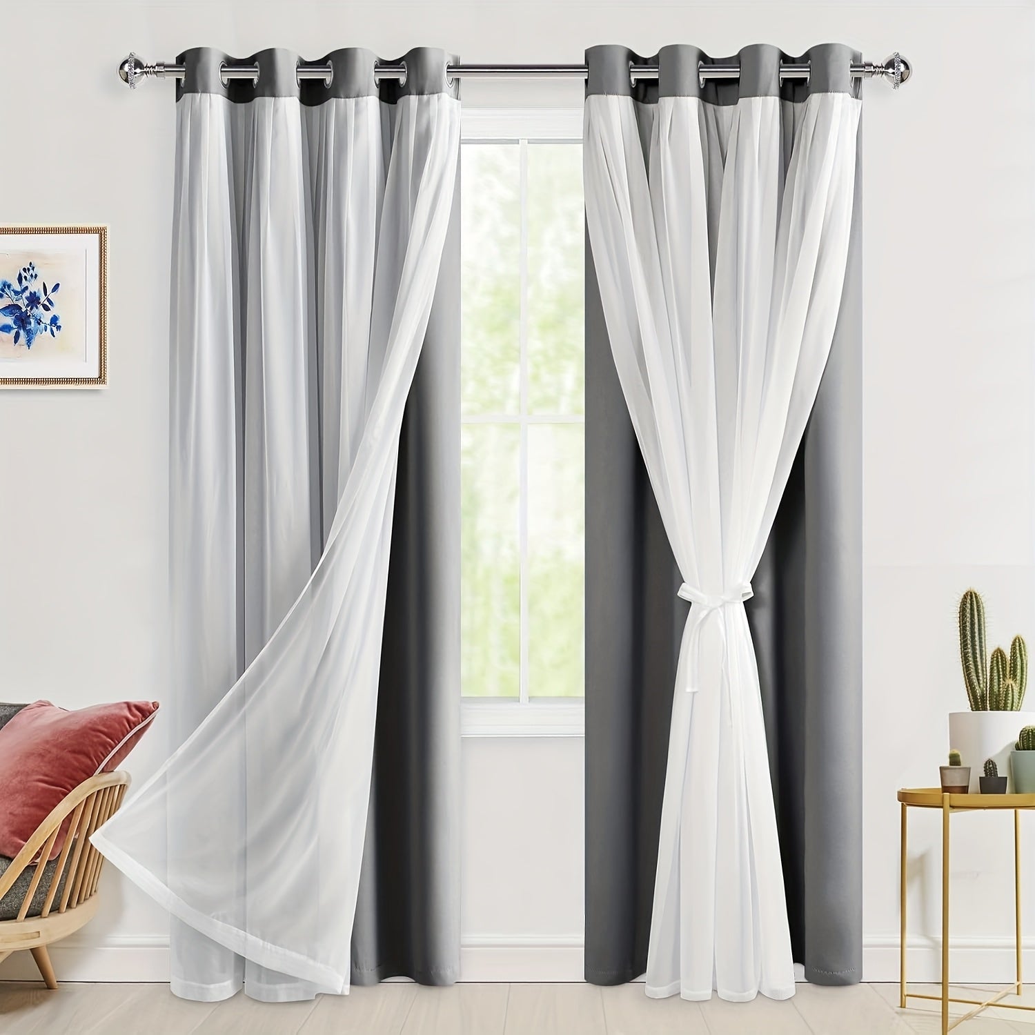 2 Panels Blackout Curtains with Sheer Overlay Thermal Insulated Mix & Match Double Layer Window Panels for Bedroom Living Room Drape Sewn with Tiebacks Grommet Top