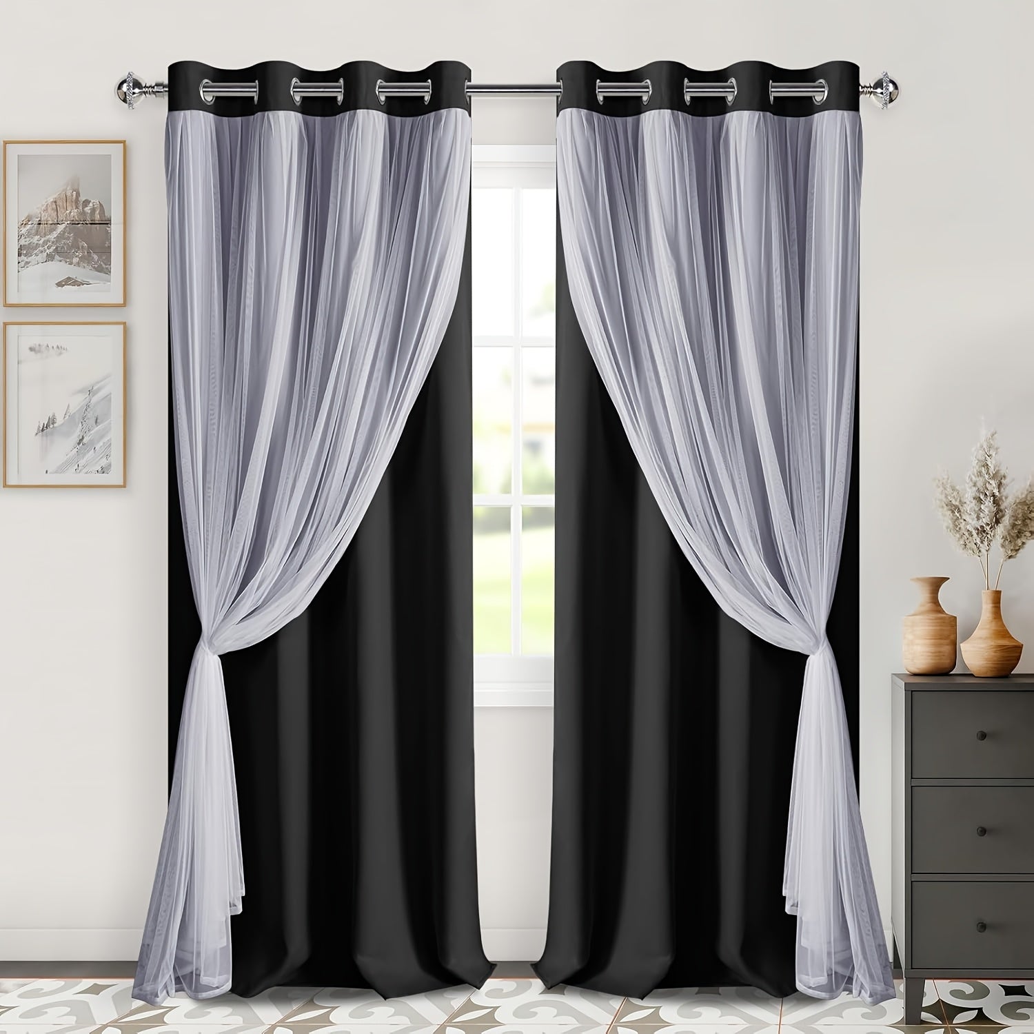 2 Panels Blackout Curtains with Sheer Overlay Thermal Insulated Mix & Match Double Layer Window Panels for Bedroom Living Room Drape Sewn with Tiebacks Grommet Top