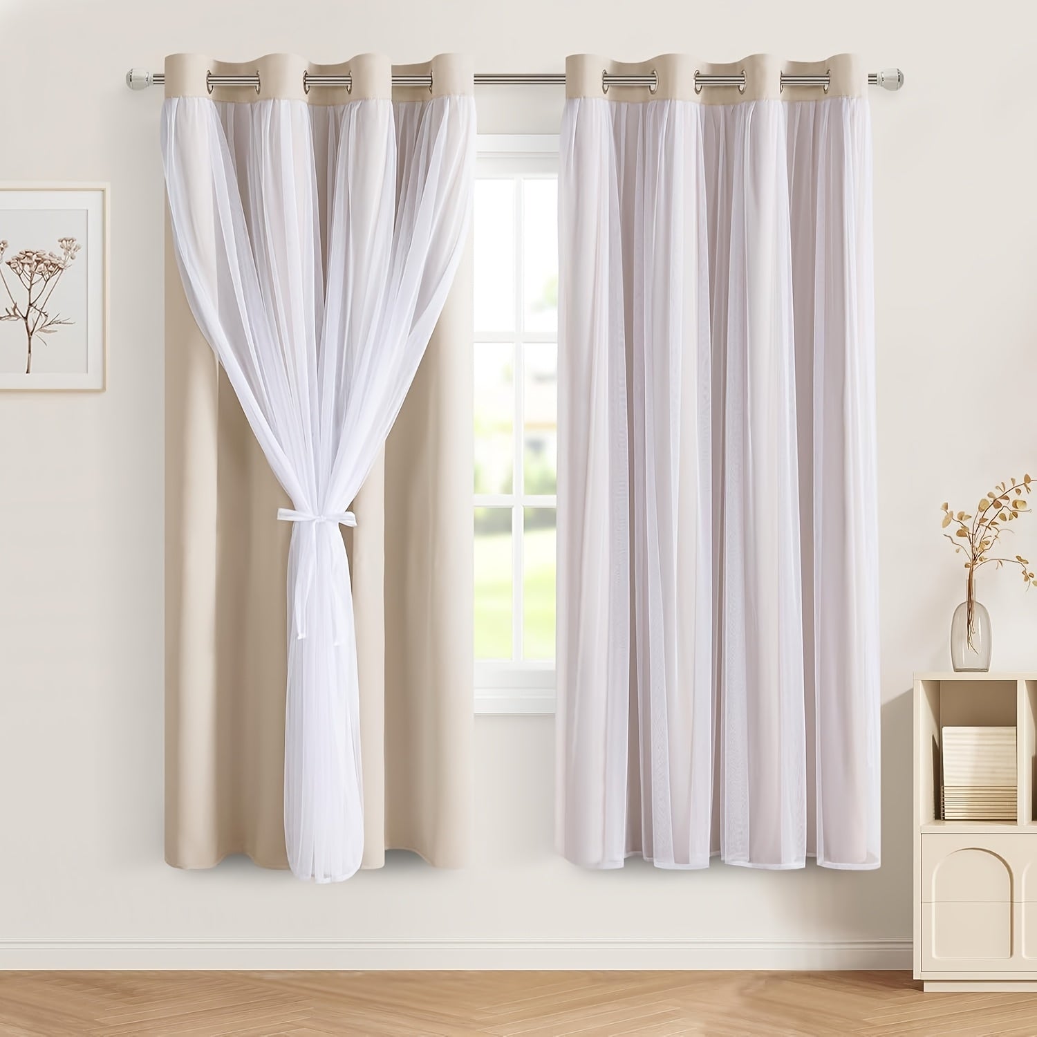 2 Panels Blackout Curtains with Sheer Overlay Thermal Insulated Mix & Match Double Layer Window Panels for Bedroom Living Room Drape Sewn with Tiebacks Grommet Top